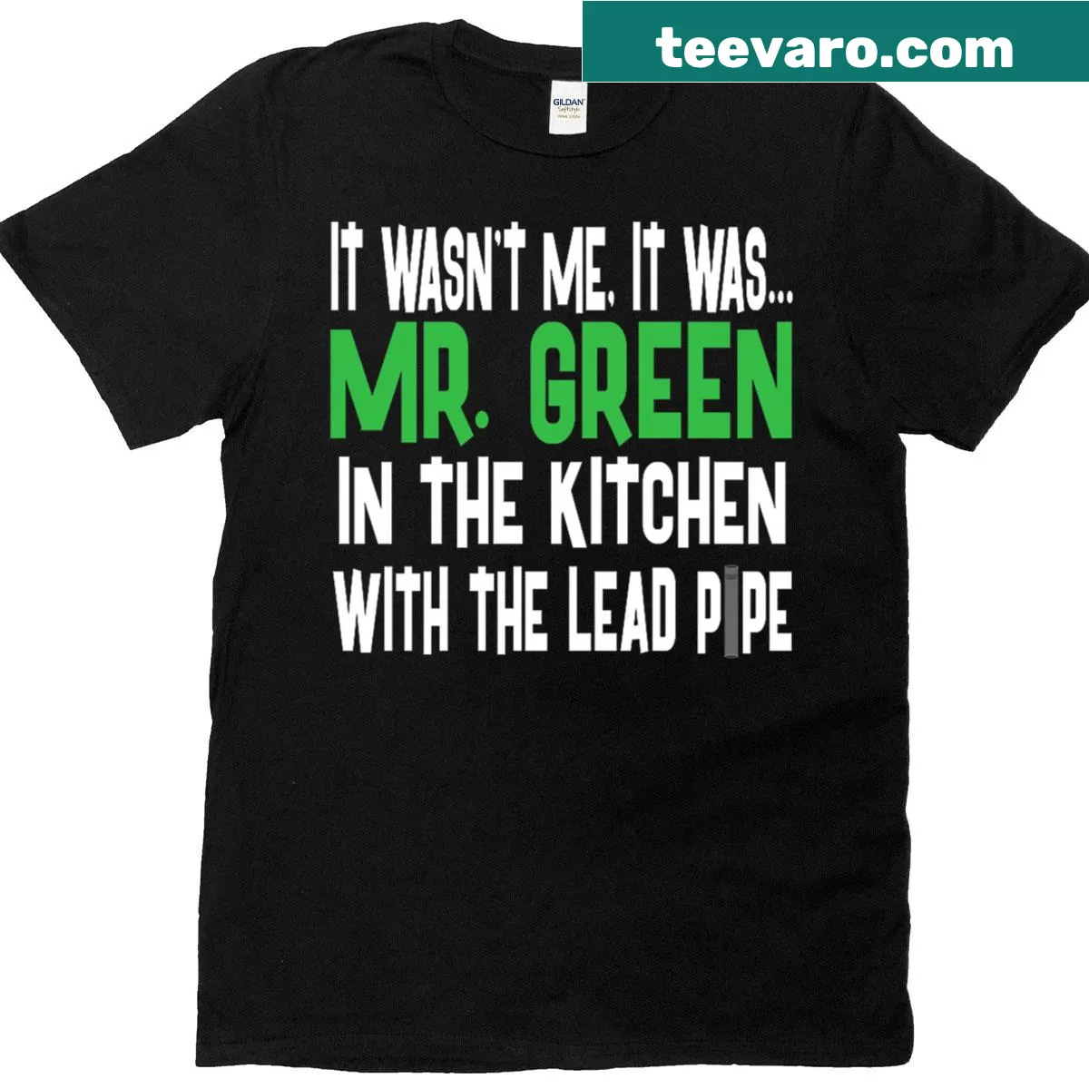 Cartoon-style Mr. Green from Clue T-shirt with lead pipe — on a men's t-shirt