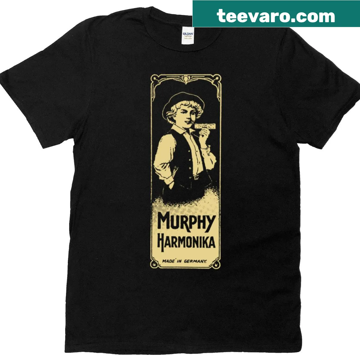 Vintage Cheers sign with a harmonica illustration on a t-shirt — on a men's t-shirt
