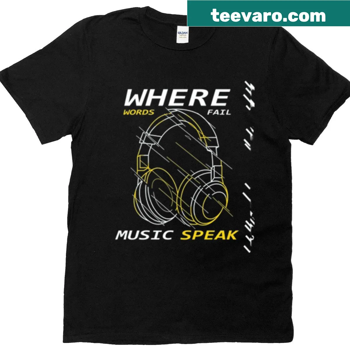 Artistic headphone design t-shirt for music lovers — on a men's t-shirt