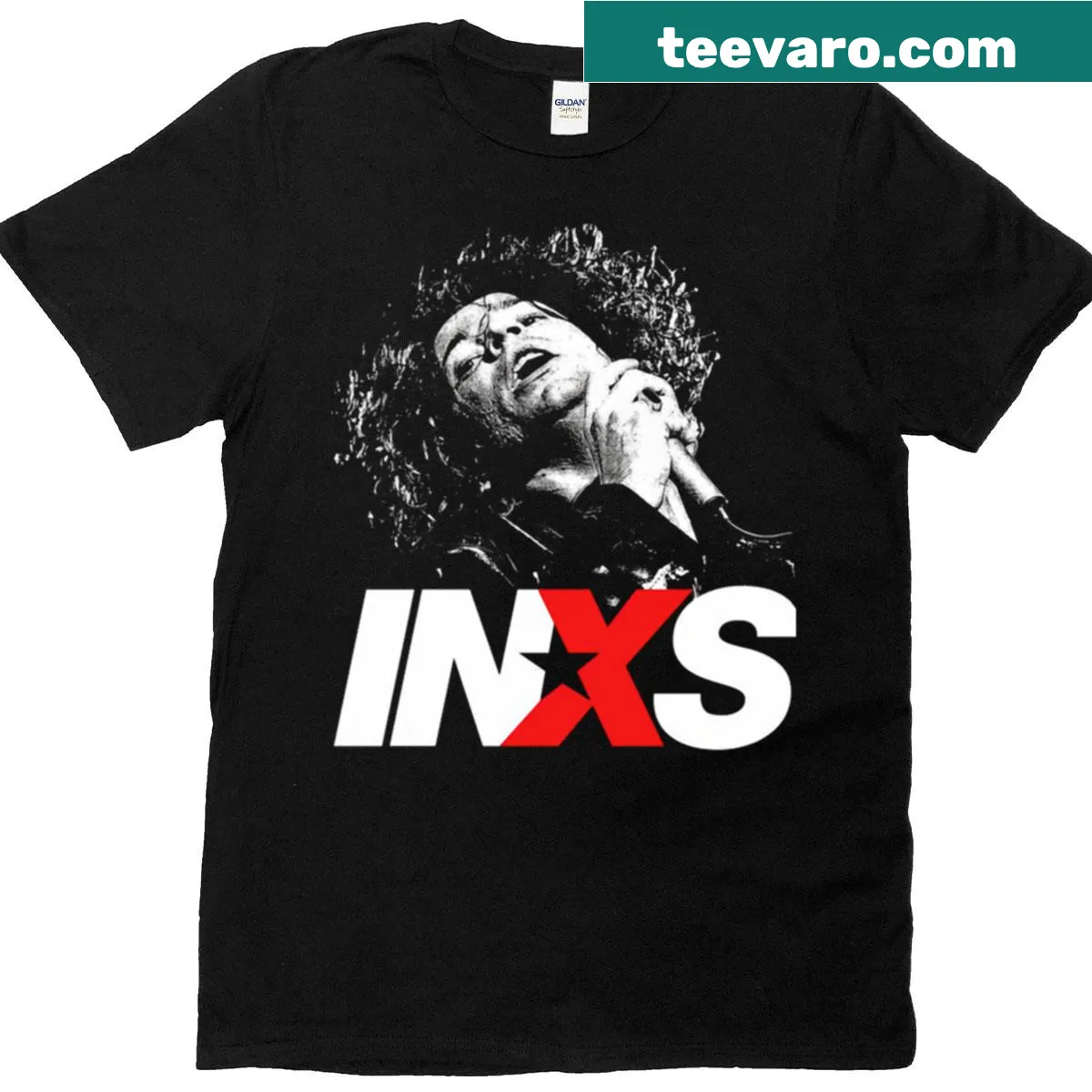 Vintage distressed T-shirt with INXS band art — on a men's t-shirt