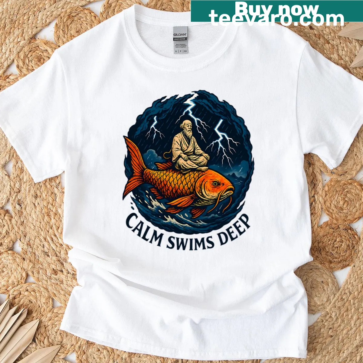 Fantasy t-shirt with a mythic koi fish and stormy background — on a men's t-shirt
