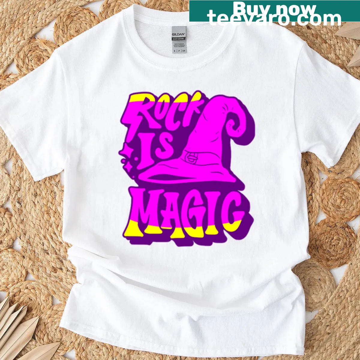 Witch hat themed T-shirt with bold magic and music illustration — on a men's t-shirt