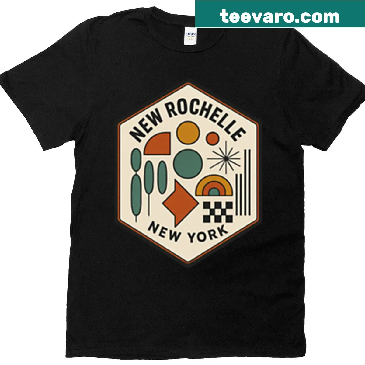 New Rochelle New York T-shirt with clean typography — on a men's t-shirt