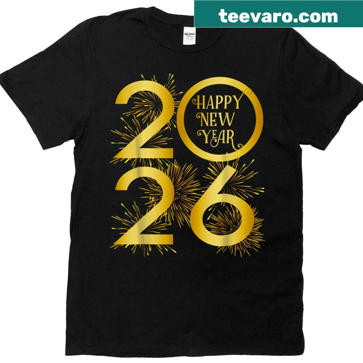 T-shirt featuring colorful fireworks for New Year 2026 — on a men's t-shirt