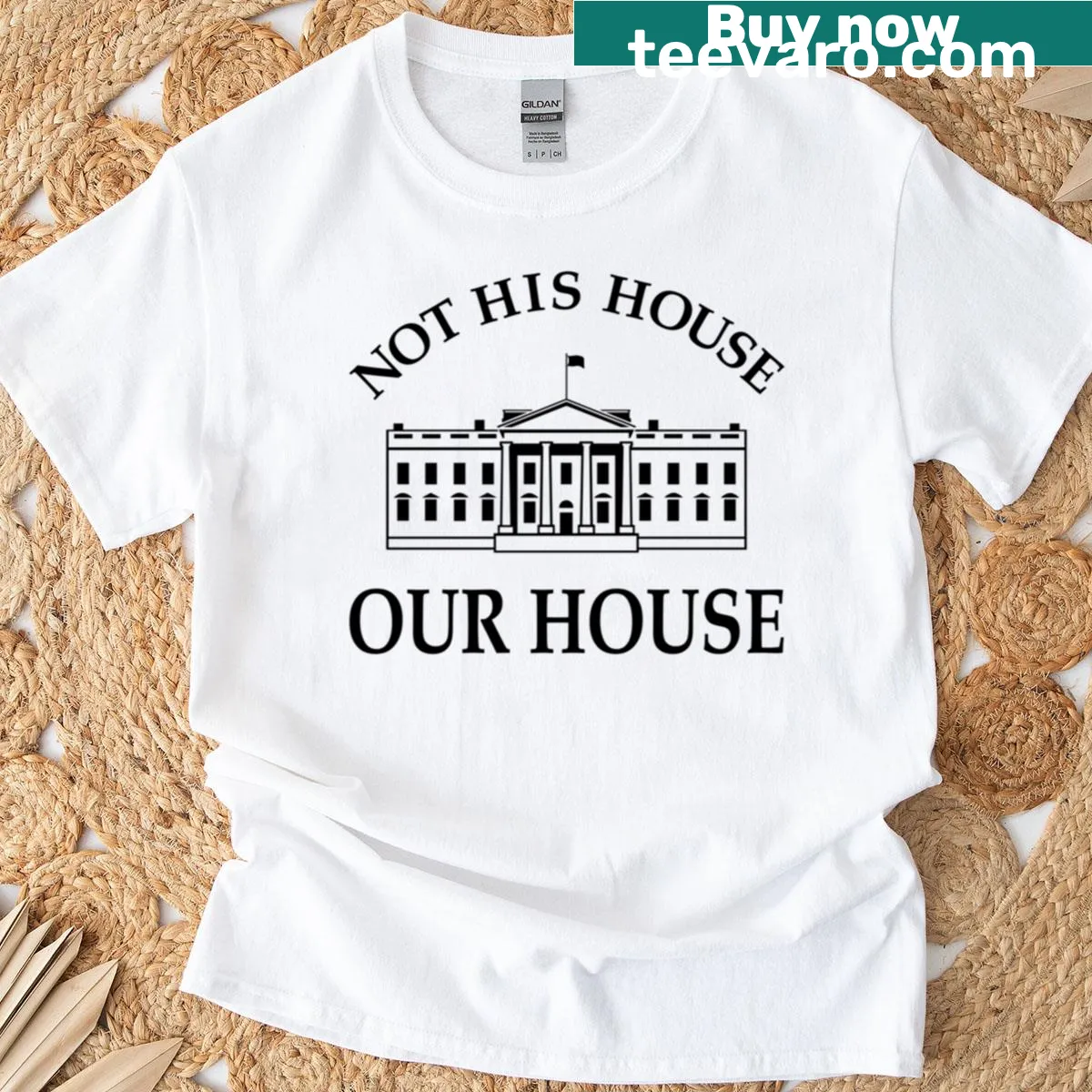Bold typography T-shirt with 'Not His House Our House' text — on a men's t-shirt