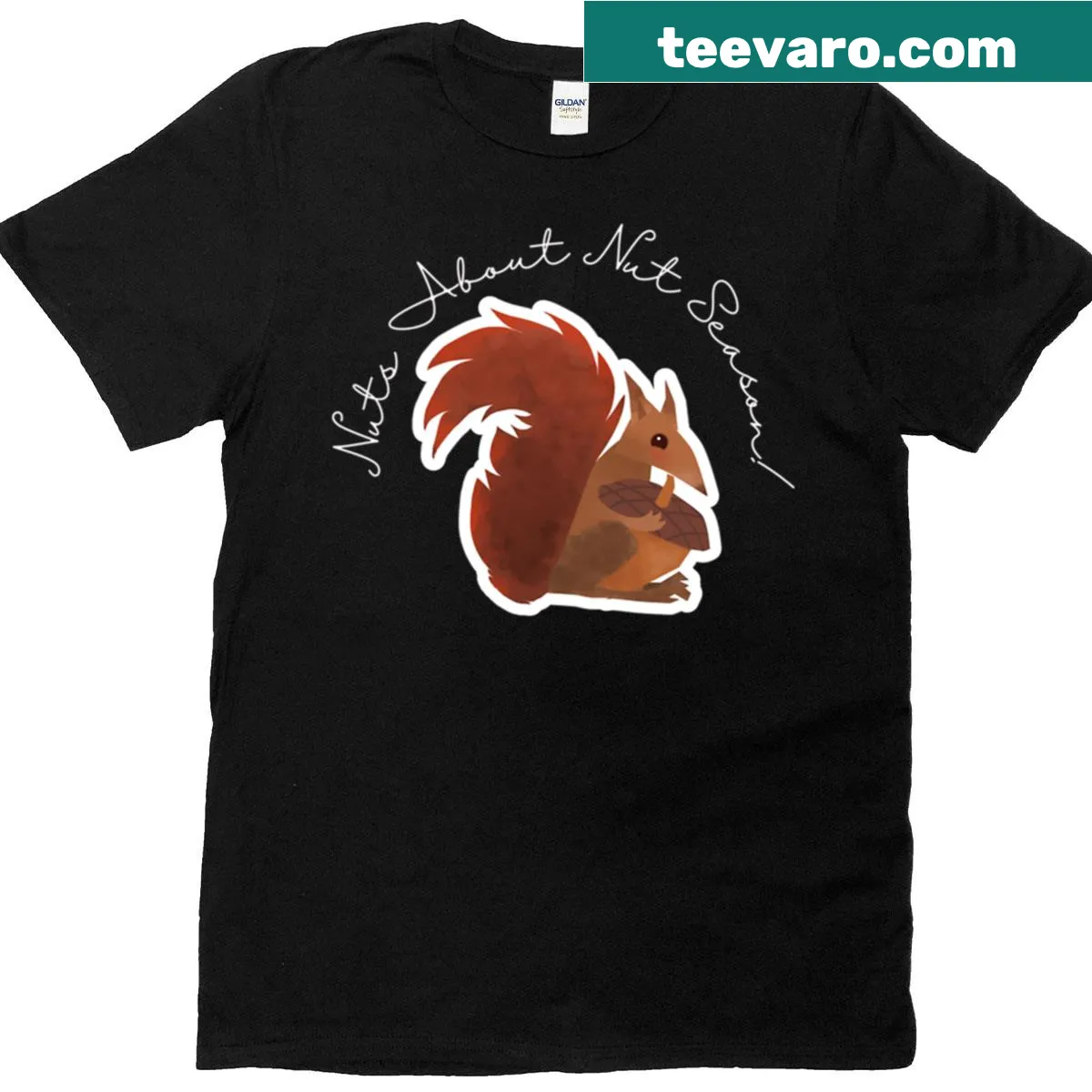 Whimsical T-shirt featuring a graphic of various nuts for nut season — on a men's t-shirt