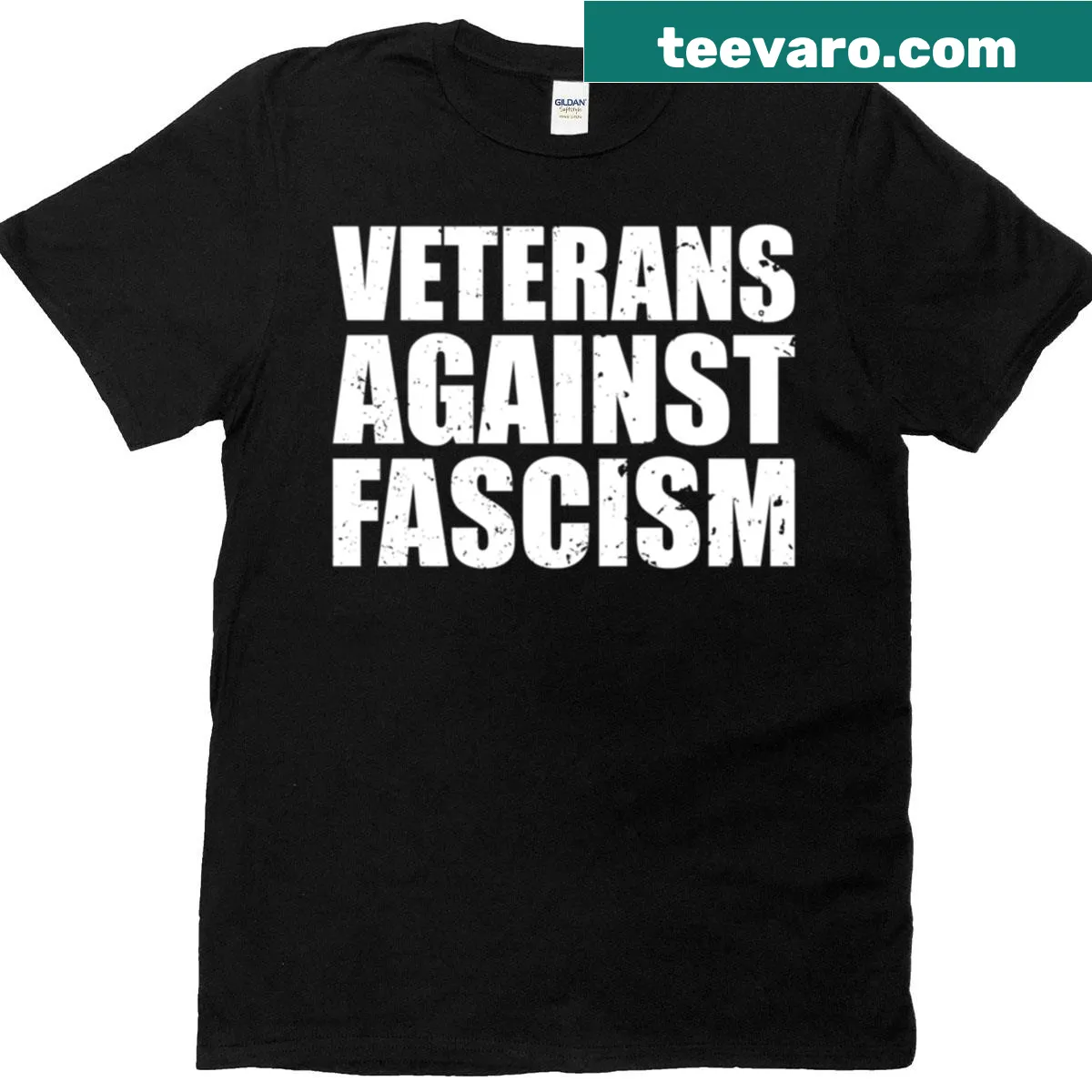 Distressed T-shirt for Veterans Against Fascism with a vintage look — on a men's t-shirt