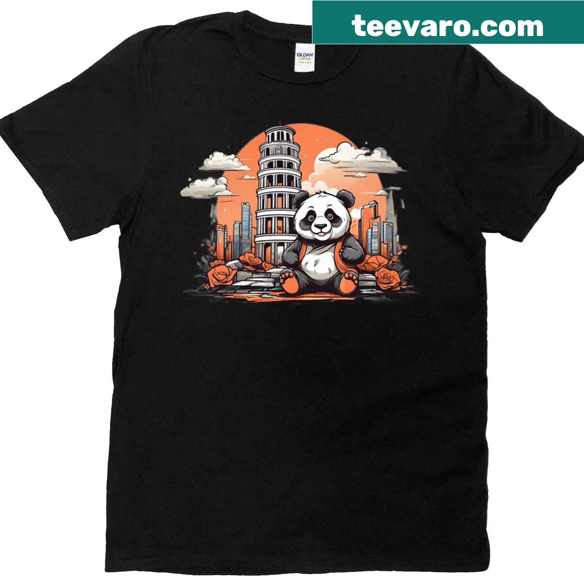 Illustration of a panda with the Leaning Tower on a T-shirt — on a men's t-shirt