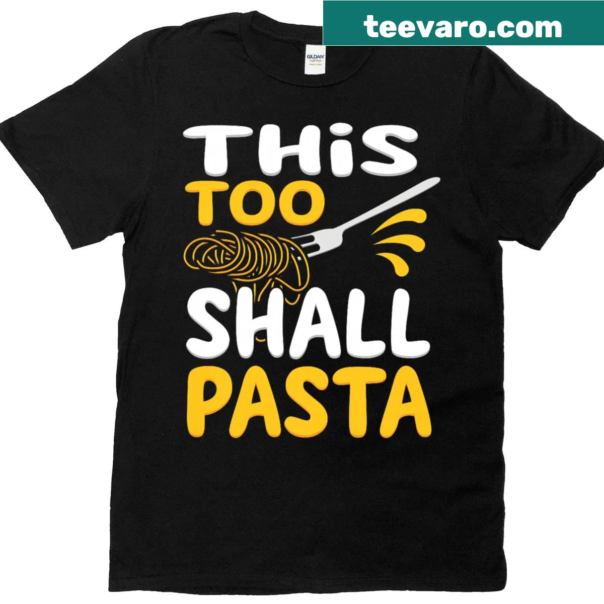 Illustrated t-shirt with pasta noodles and 'Shall Pasta' text — on a men's t-shirt