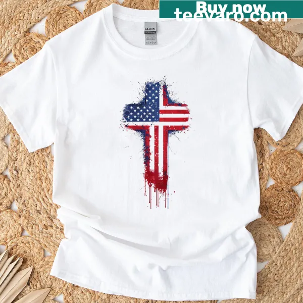 American flag cross artwork T-shirt with a patriotic design