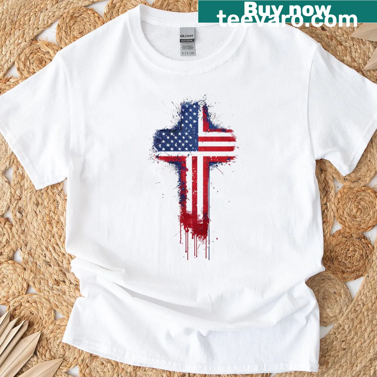 American flag cross artwork T-shirt with a patriotic design — on a men's t-shirt