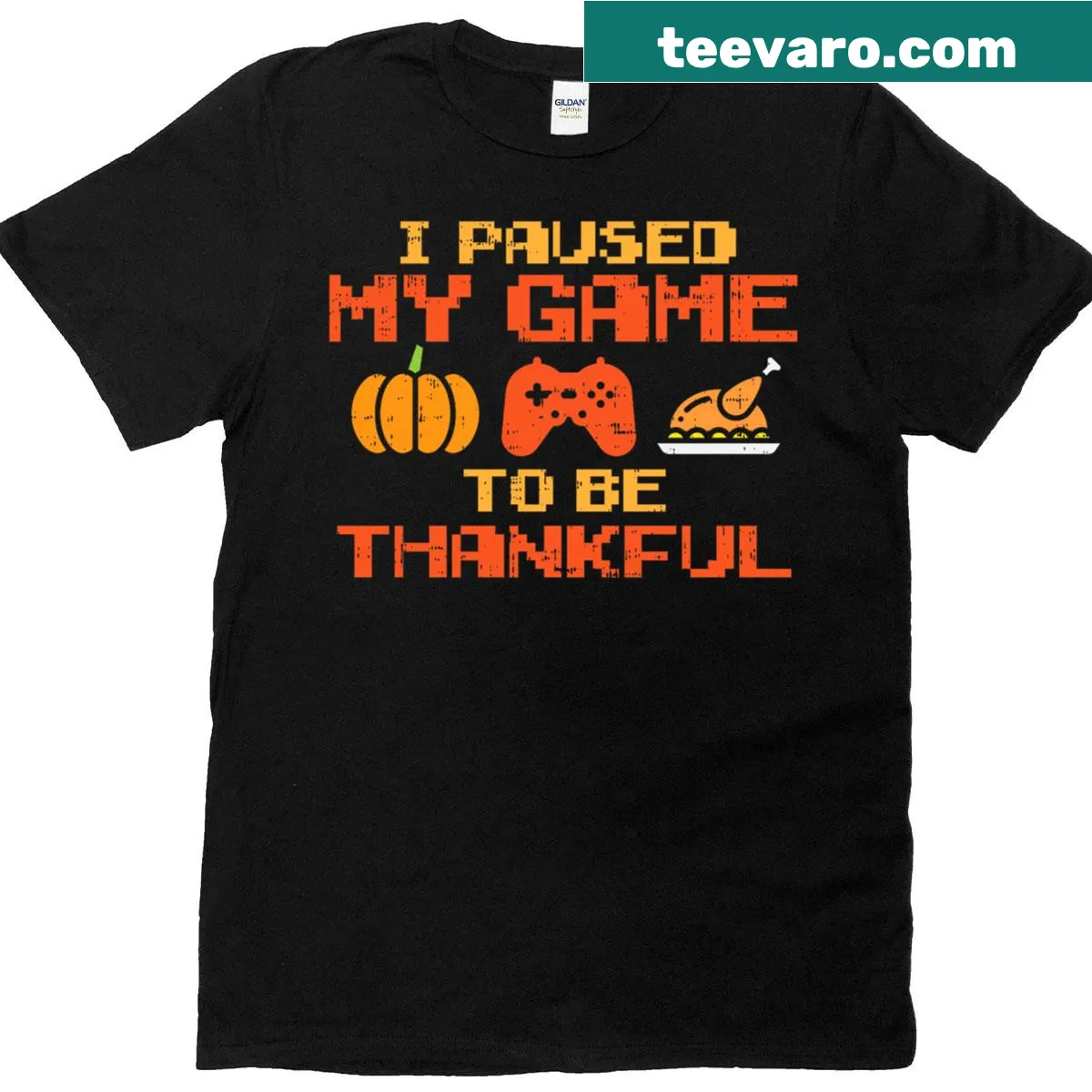 Thankful Video Gamer T-shirt with the phrase 'Paused My Game' — on a men's t-shirt