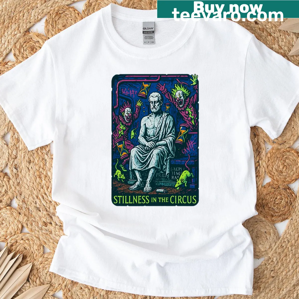 Urban humor t-shirt with subway clowns and philosophical elements — on a men's t-shirt