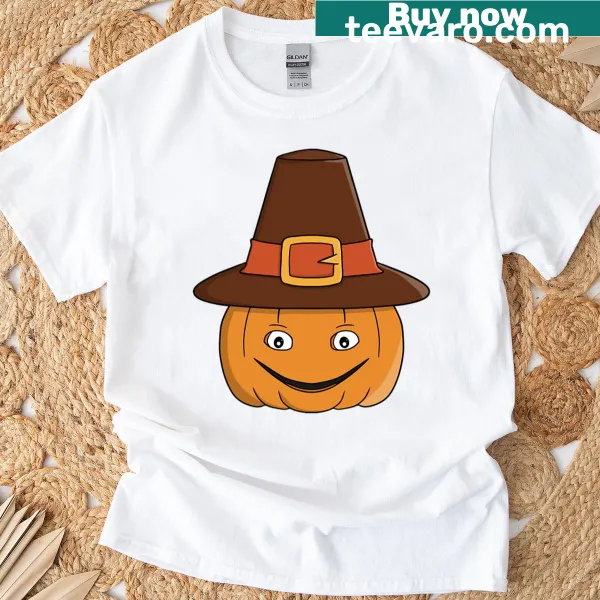 Illustration of a smiling pumpkin wearing a pilgrim hat.