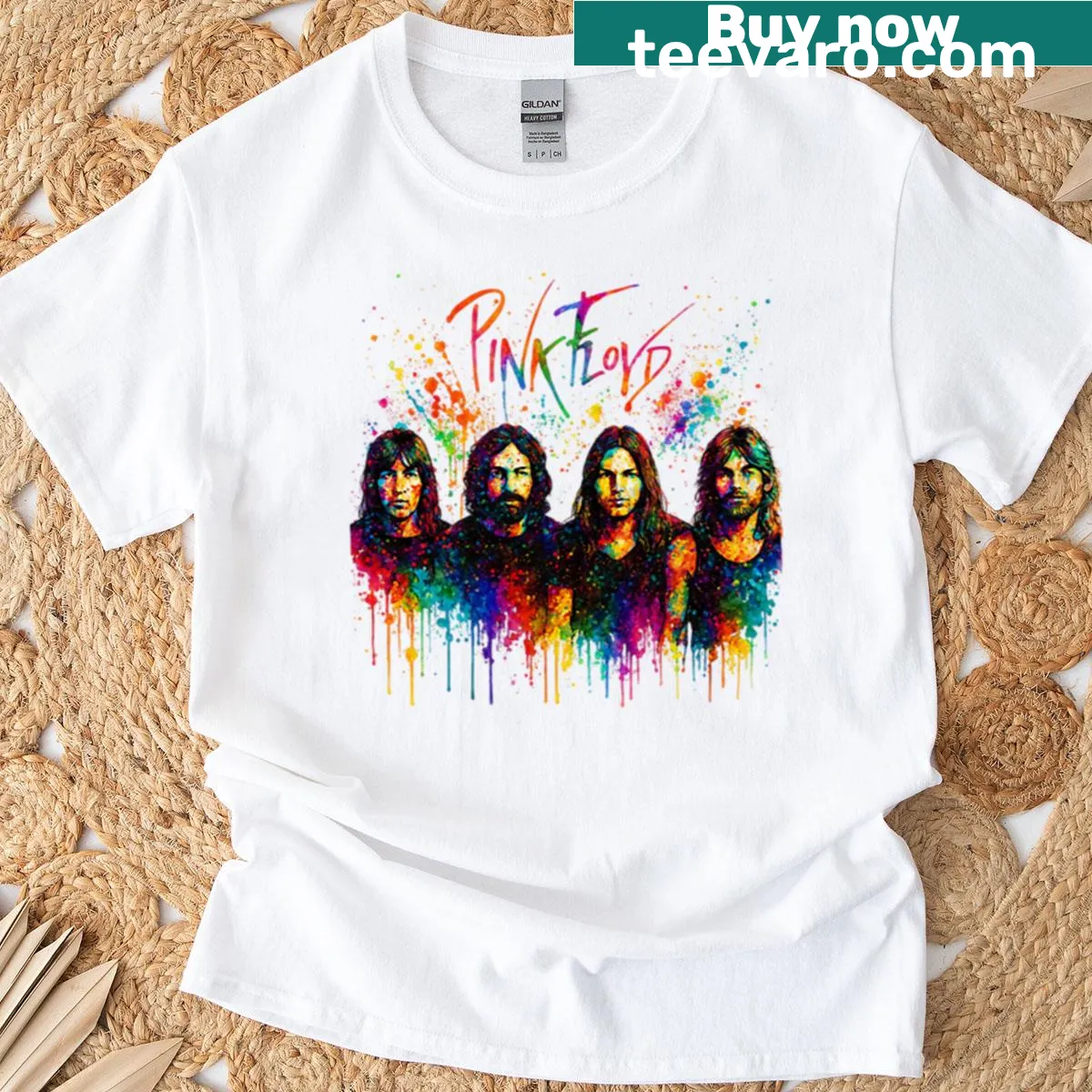 Psychedelic watercolor portrait of Pink Floyd on T-shirt — on a men's t-shirt