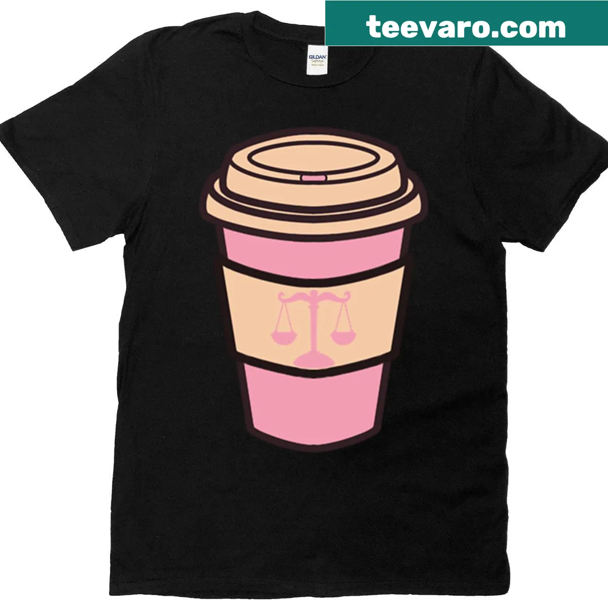 Cute lawyer t-shirt with scales of justice and coffee design — on a men's t-shirt