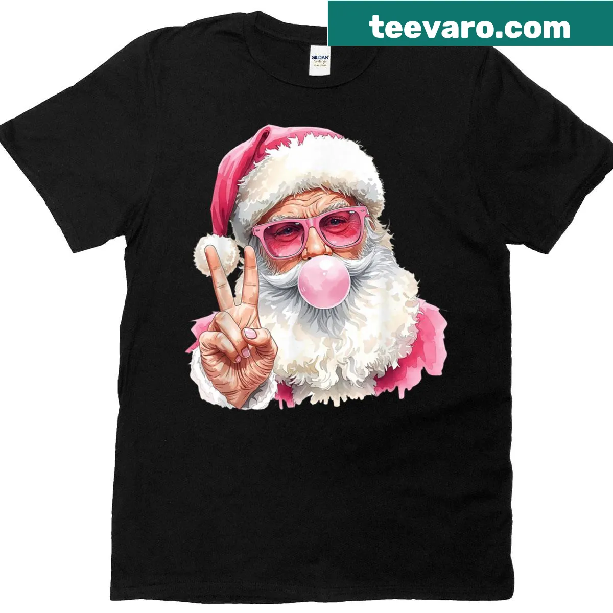 Cute pink Santa blowing bubble gum T-shirt for Christmas — on a men's t-shirt