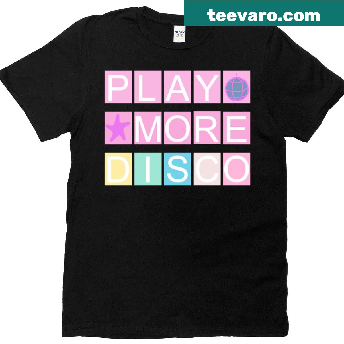 Play More Disco T-shirt with fun typography — on a men's t-shirt