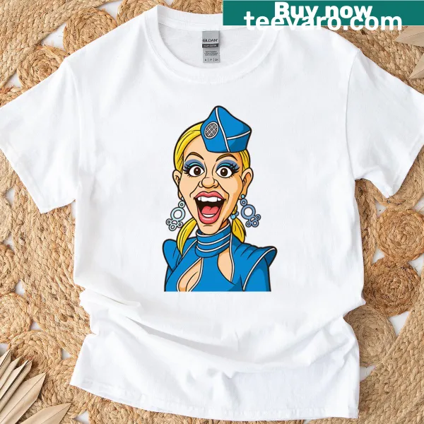Caricature of a pop princess flight attendant on T-shirt