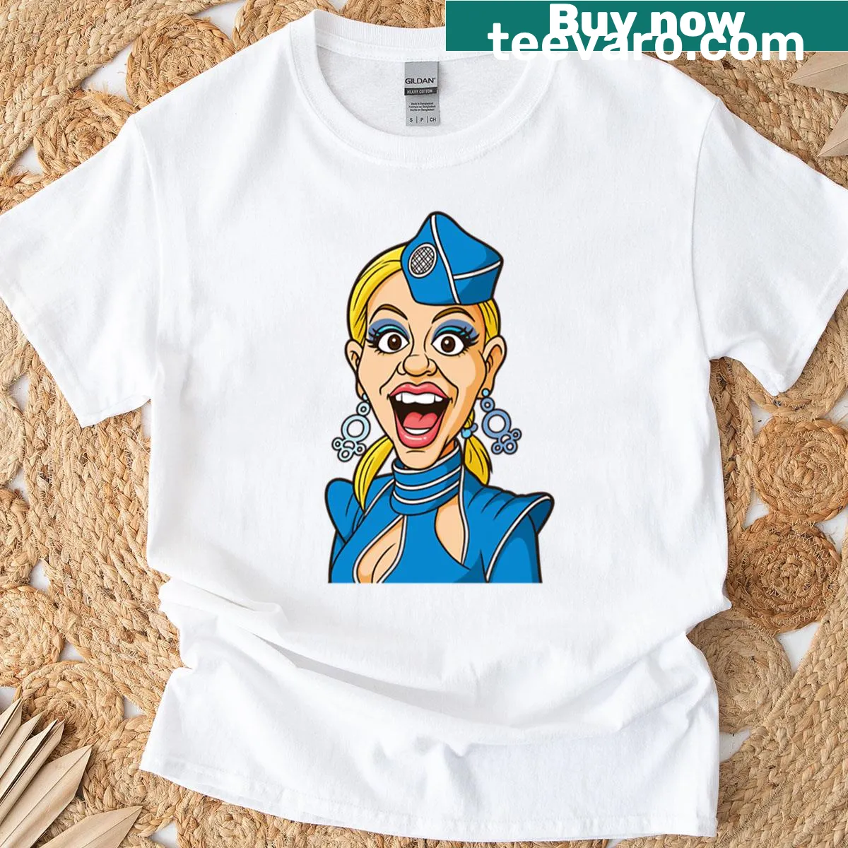 Caricature of a pop princess flight attendant on T-shirt — on a men's t-shirt