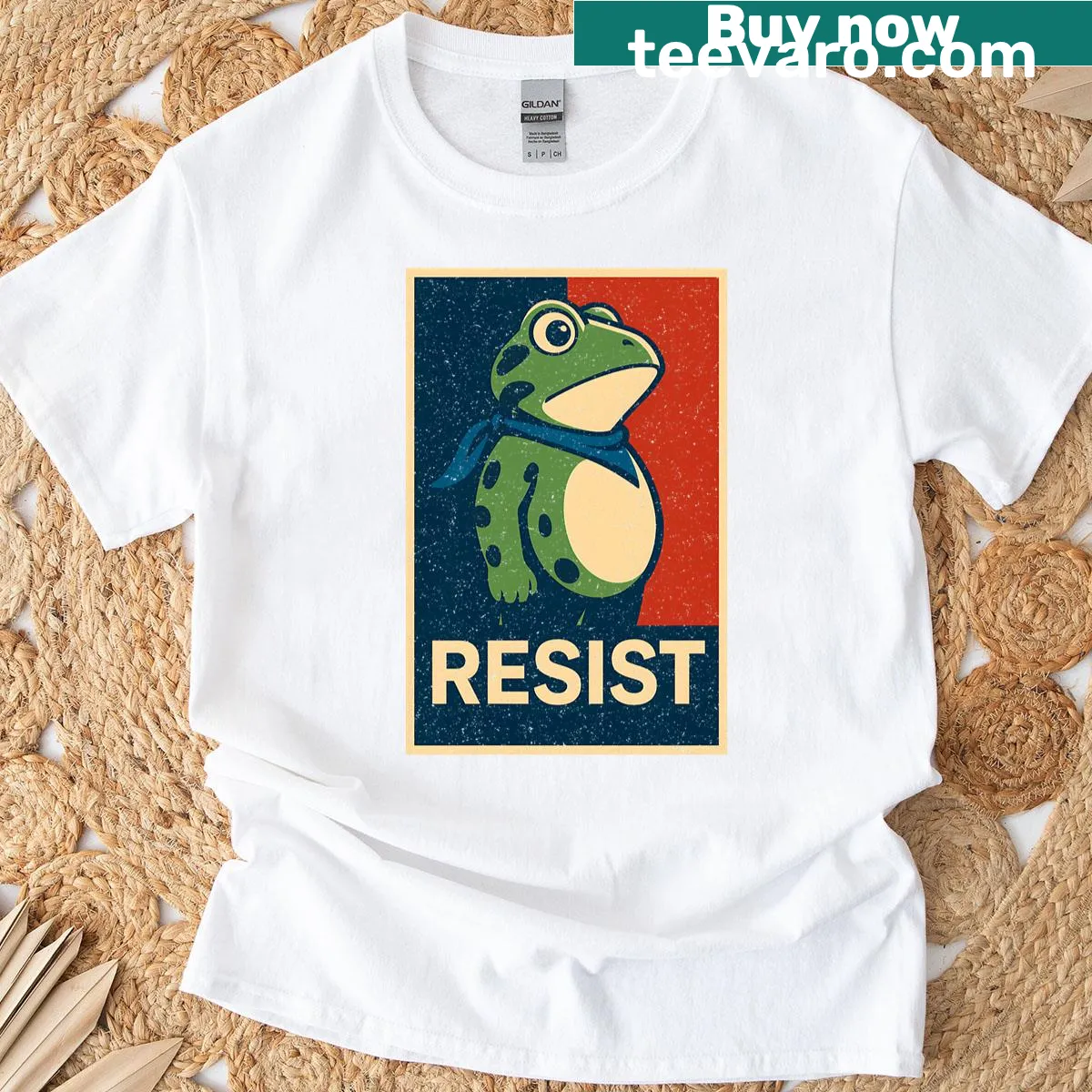 Humorous T-shirt featuring frogs in a protest design. — on a men's t-shirt