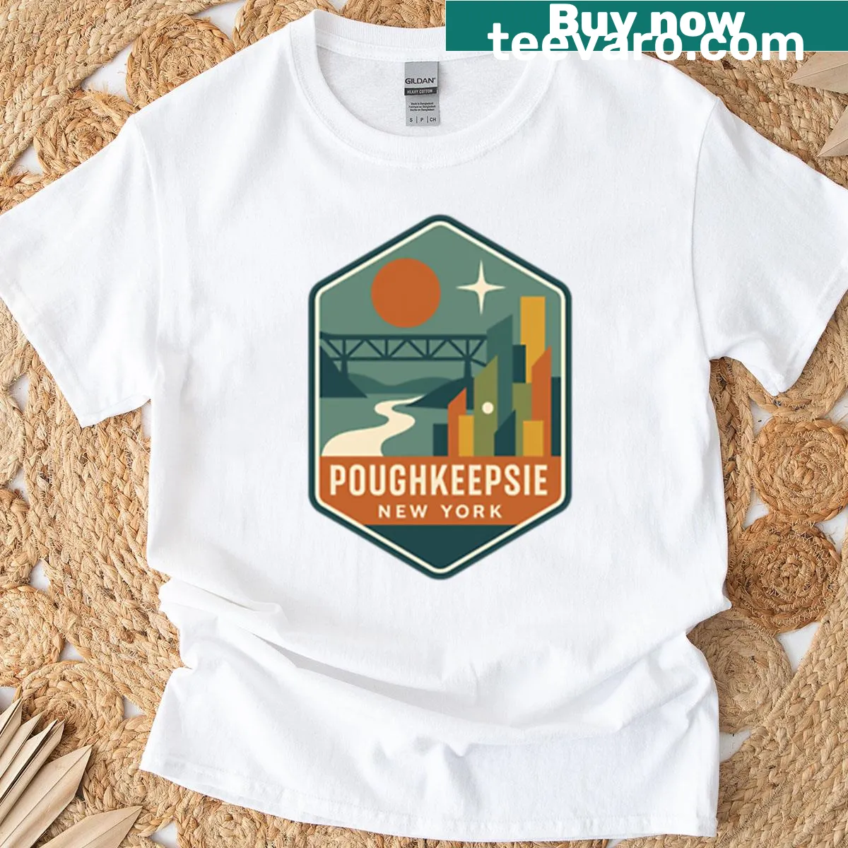 Emblem T-shirt celebrating Poughkeepsie, New York — on a men's t-shirt