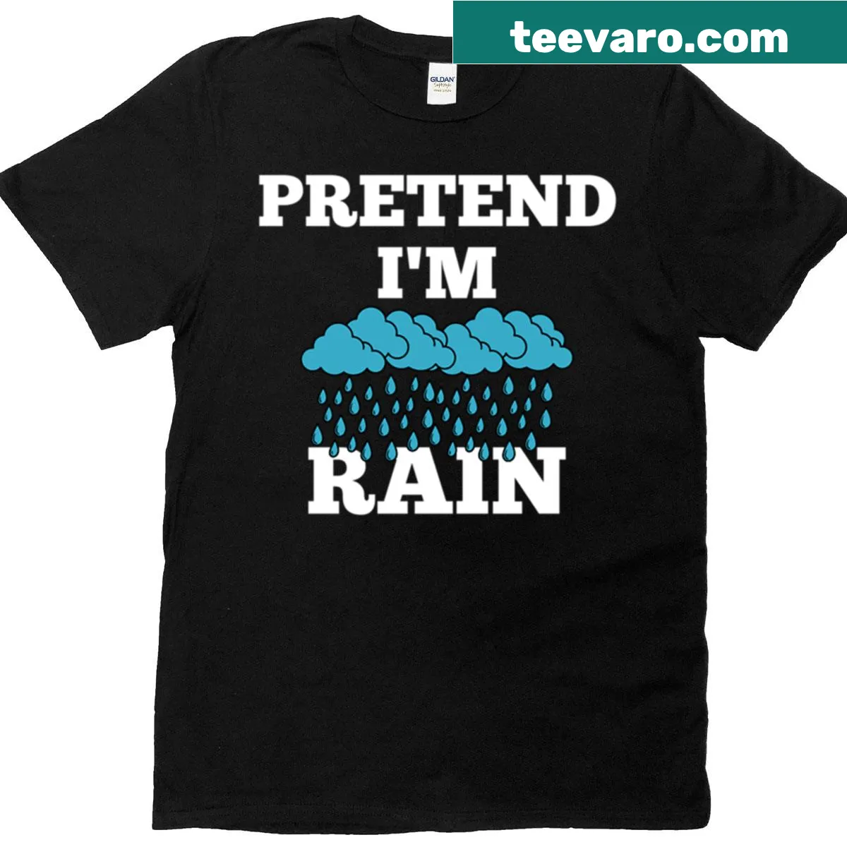 Funny lazy costume t-shirt with 'Pretend I'm Rain' text — on a men's t-shirt