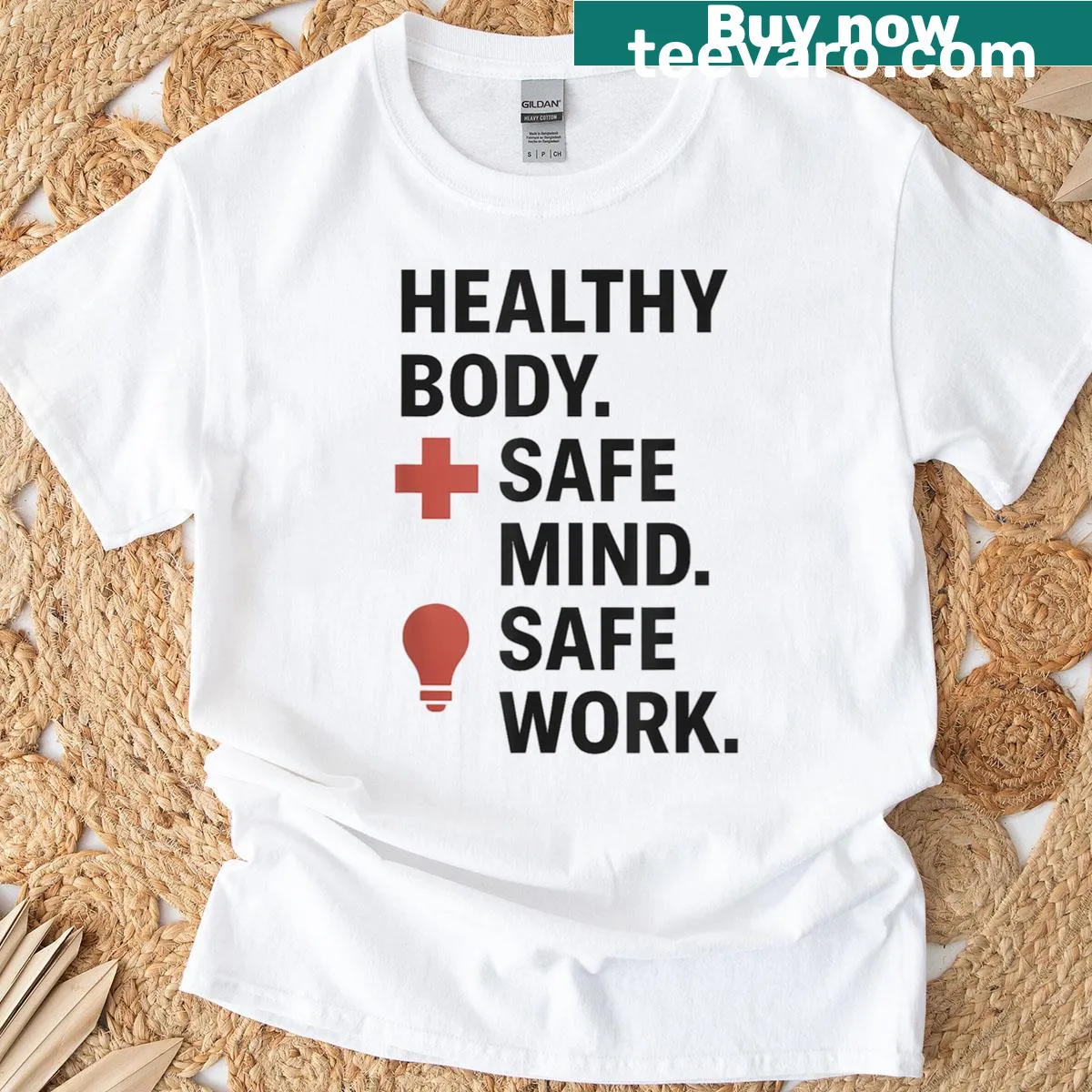Safety slogan printed on a T-shirt for industrial teams — on a men's t-shirt