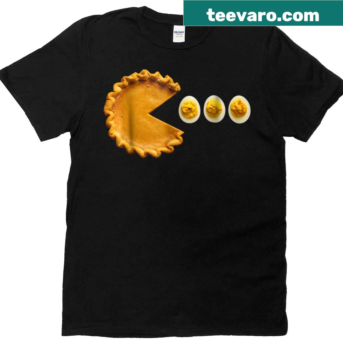 Funny Thanksgiving t-shirt with pumpkin pie and eggs design — on a men's t-shirt