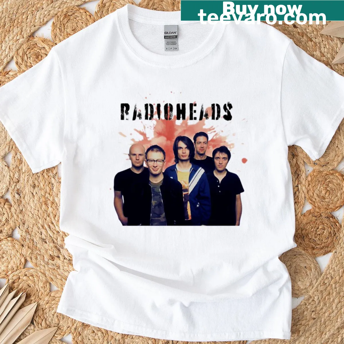 Playful illustration of Radio Head characters with band logo — on a men's t-shirt