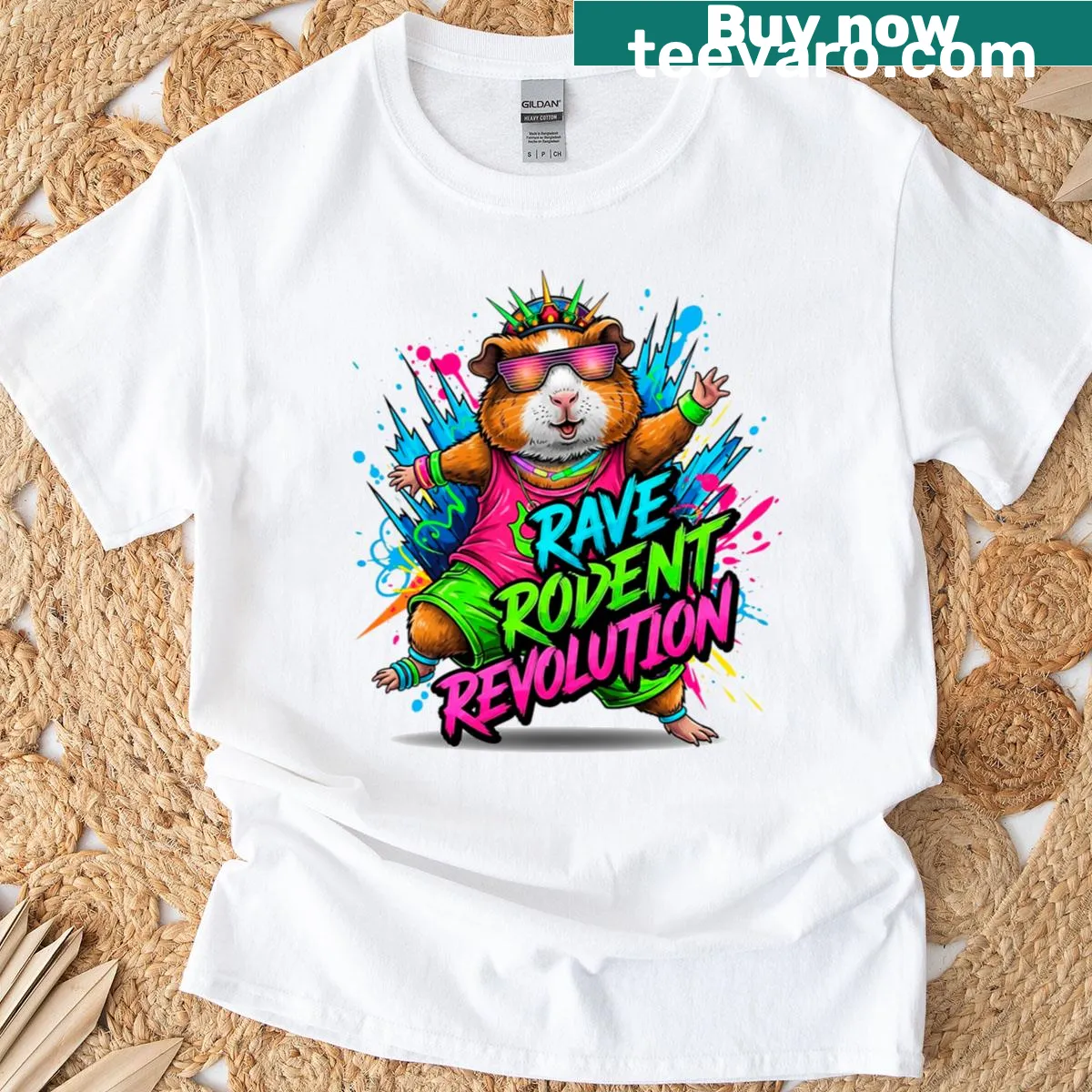 Rave Rodent Revolution Guinea Pig T-shirt with playful graphic. — on a men's t-shirt