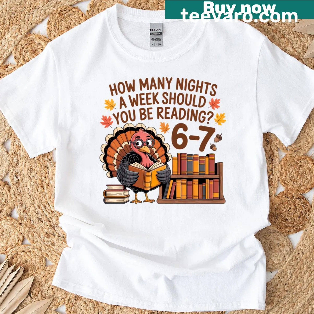 Humorous English teacher t-shirt with 'Reading 67' and cartoon turkeys — on a men's t-shirt