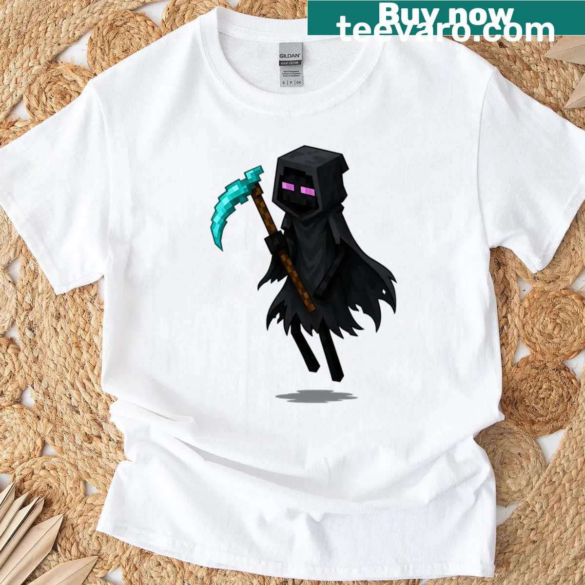 Minimalist silhouette of an Enderman with Reaper elements — on a men's t-shirt