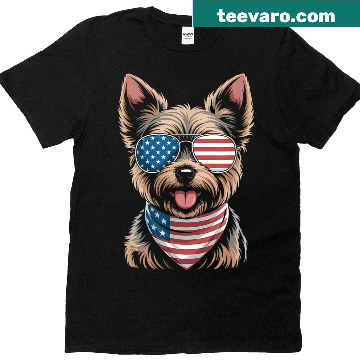 Patriotic t-shirt featuring a Yorkie in sunglasses with flag colors — on a men's t-shirt