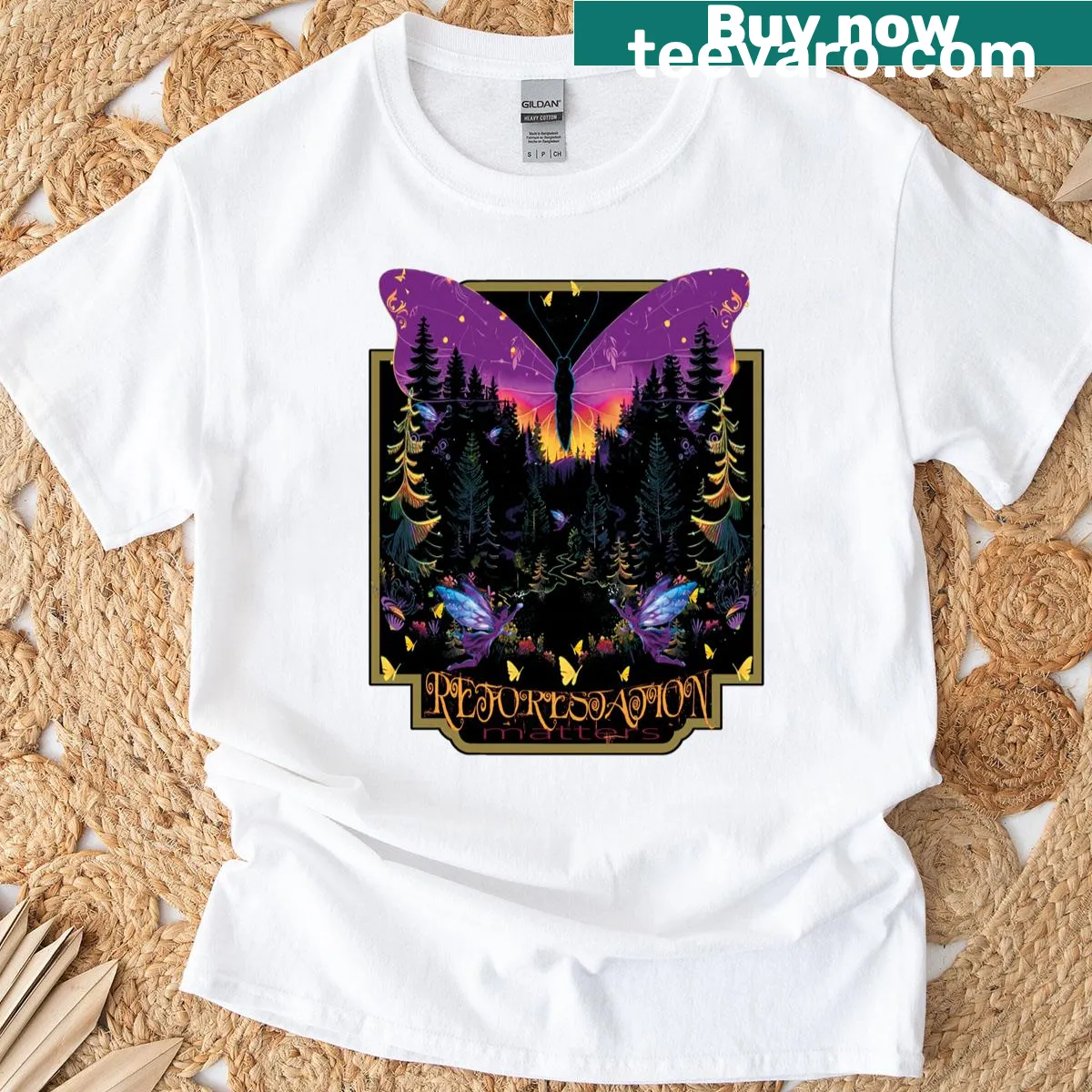 T-shirt with forest fairies planting trees design — on a men's t-shirt