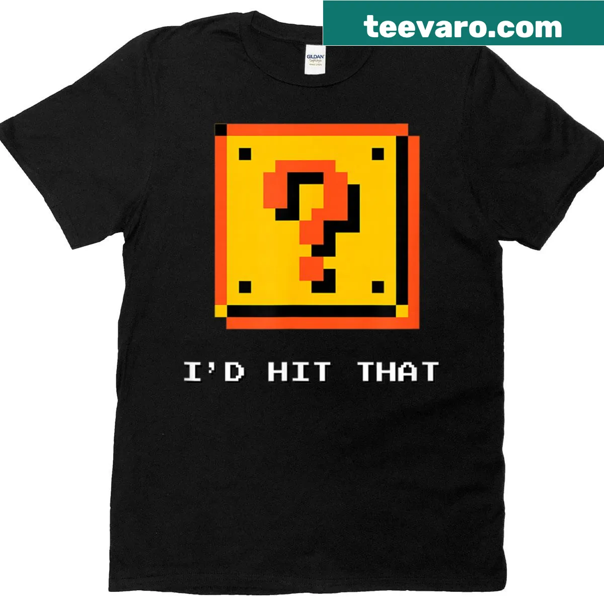 Retro 8-bit pixel question block design on t-shirt — on a men's t-shirt