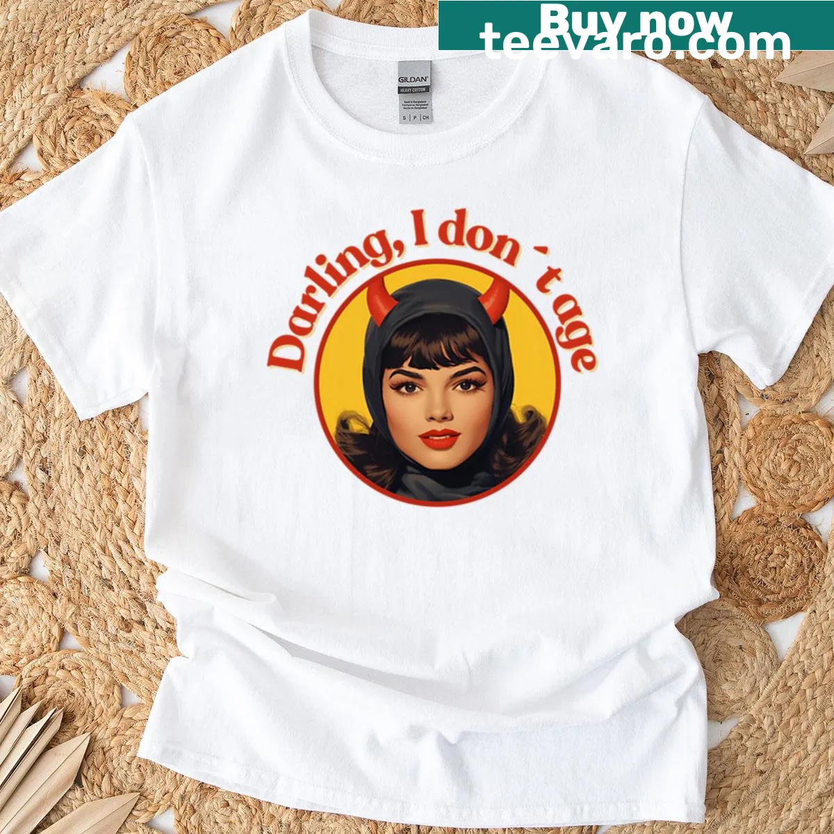 Vintage-style T-shirt with a retro devil girl graphic — on a men's t-shirt