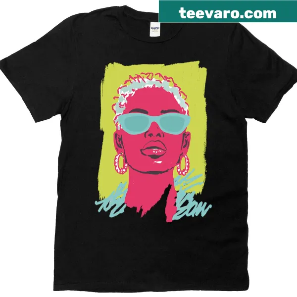 Retro T-shirt with illustrated neon portrait of a pop diva