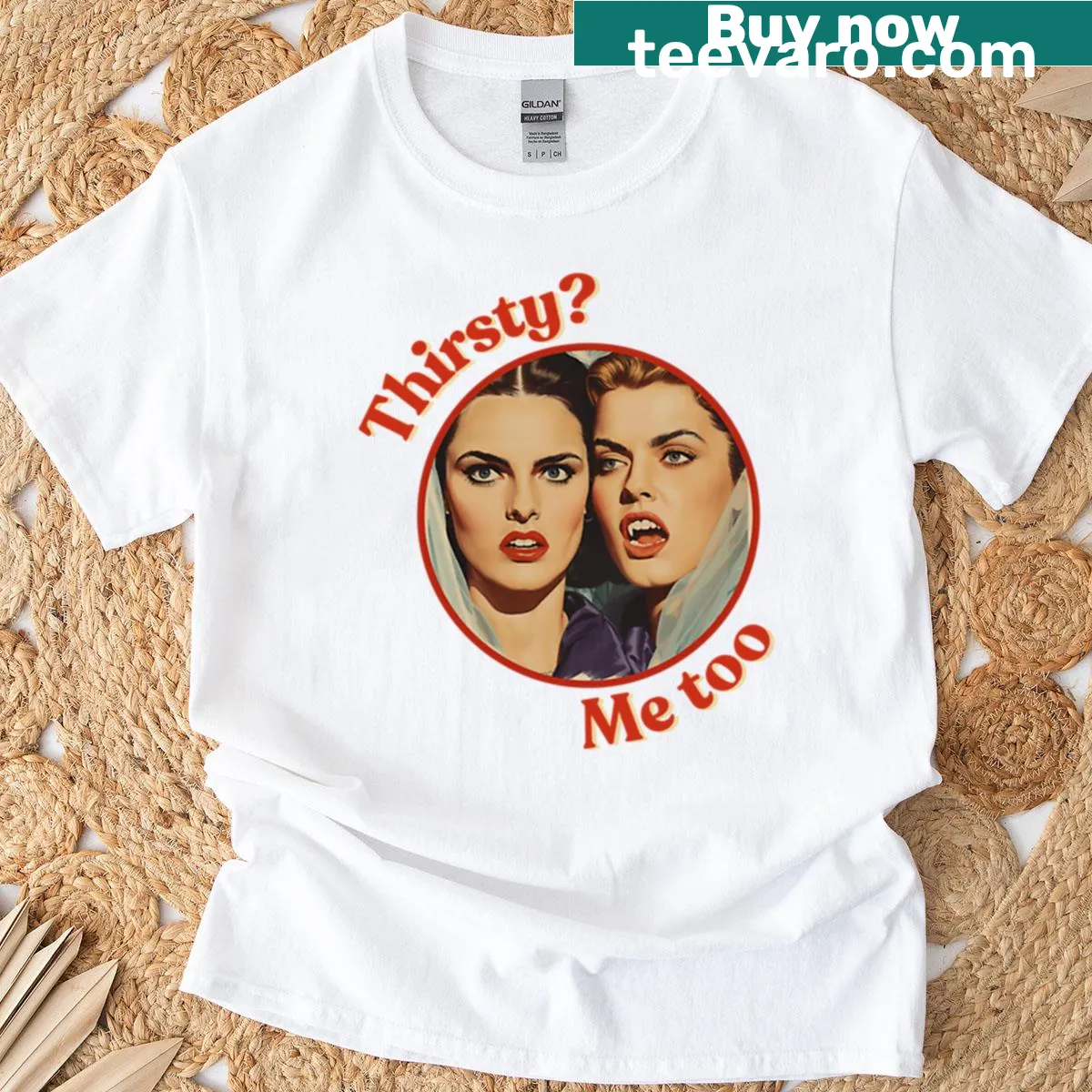 Retro vampire t-shirt with classic vampire graphic and fangs — on a men's t-shirt