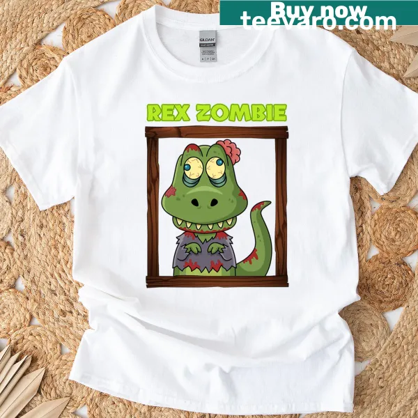 Illustrated Rex Zombie T-shirt featuring a dinosaur in a zombie design