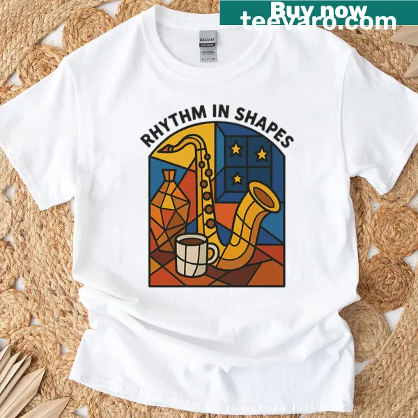 Jazz-themed geometric design on T-shirt