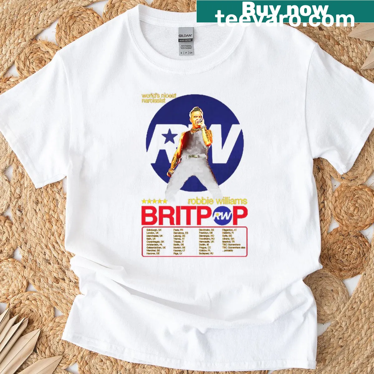 T-shirt featuring a design commemorating Robbie Williams' global tours — on a men's t-shirt