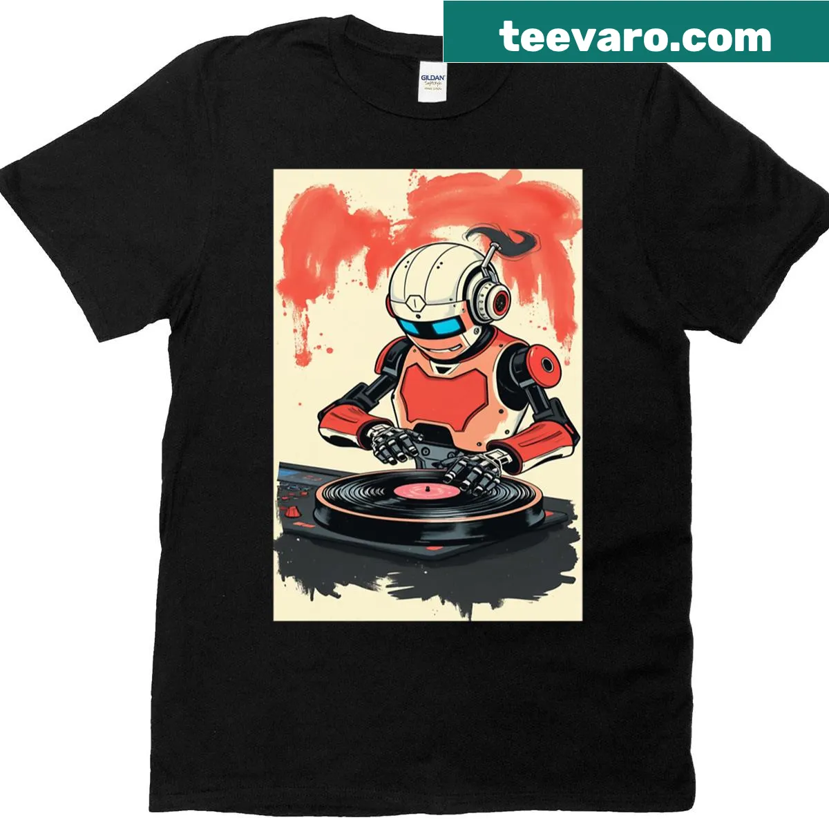 Retro robot DJ graphic spinning vinyl records on T-shirt — on a men's t-shirt