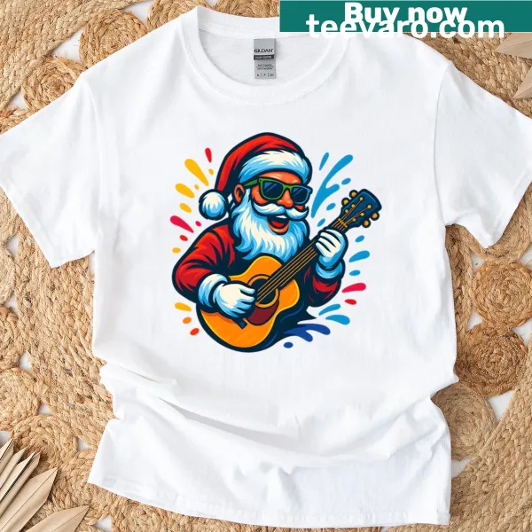 Pop art Santa playing guitar in festive design for Christmas