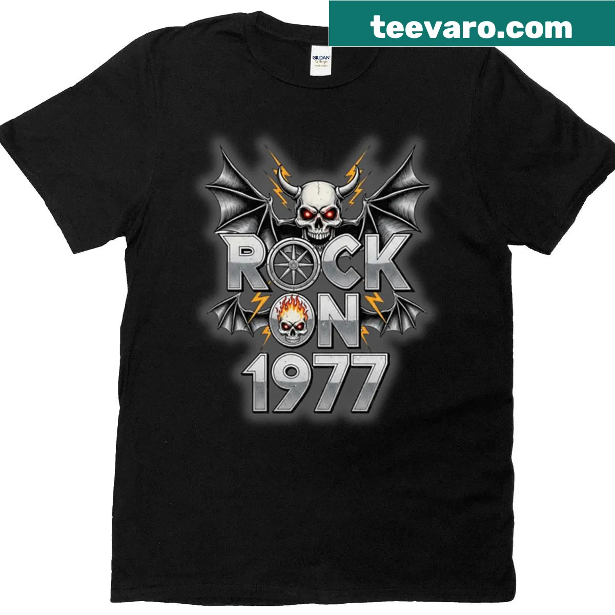 Vintage distressed t-shirt with skull, flames, and bat wings design — on a men's t-shirt