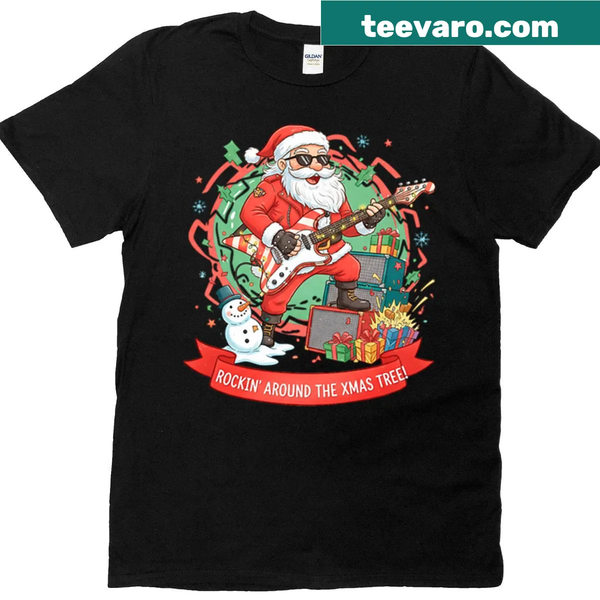 Christmas-themed t-shirt featuring 'Rockin' Around The Xmas Tree' text — on a men's t-shirt