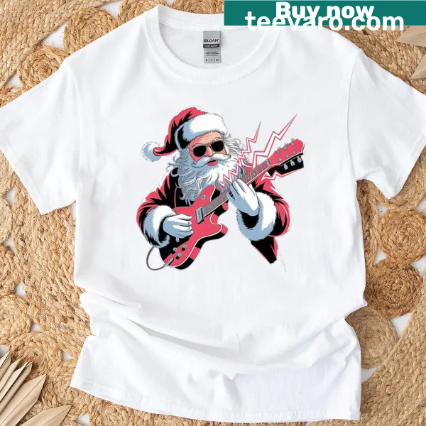 Santa Claus playing electric guitar in a fun holiday design