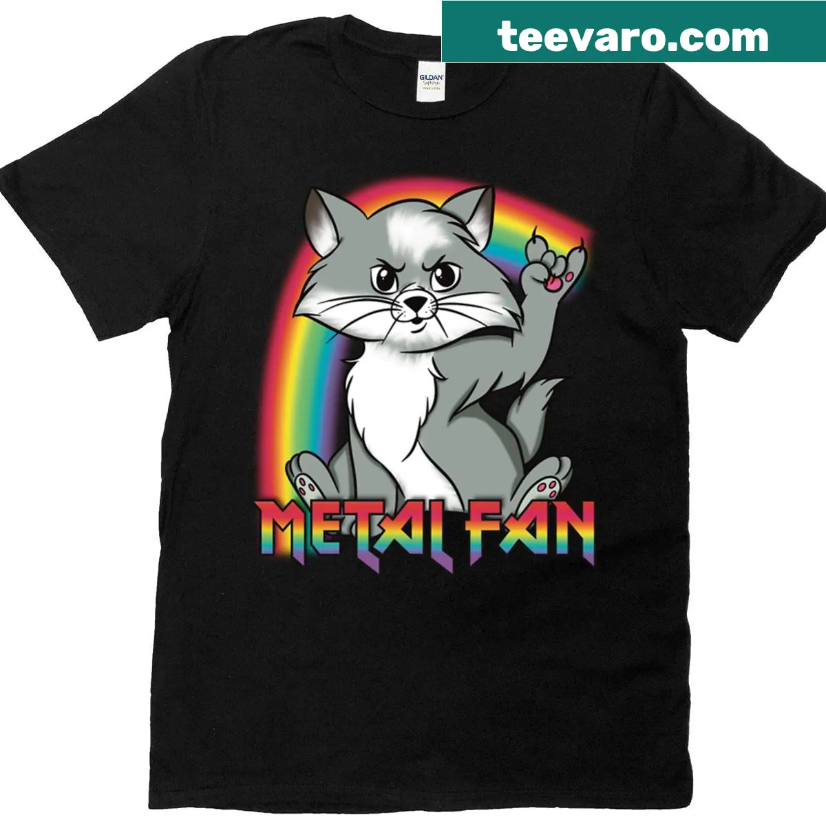 Cat-themed T-shirt with a rocking gray cat and rainbow twist design — on a men's t-shirt