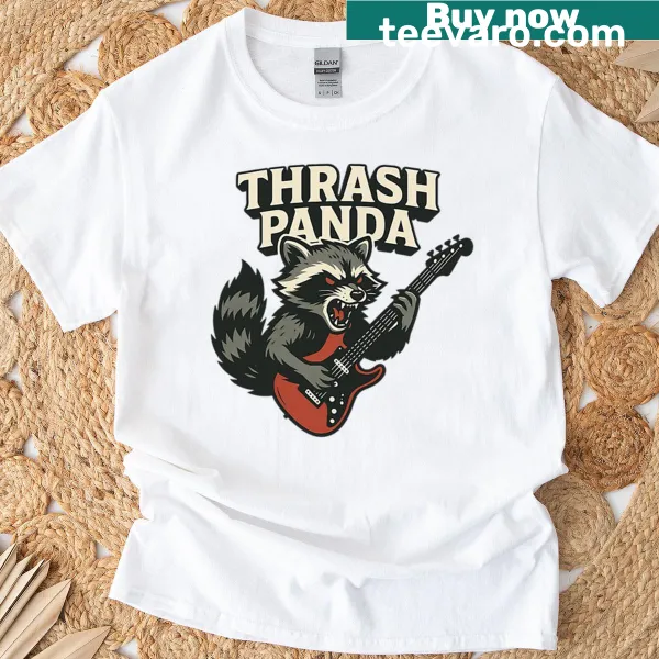 Illustration of a raccoon playing guitar, centered on the t-shirt