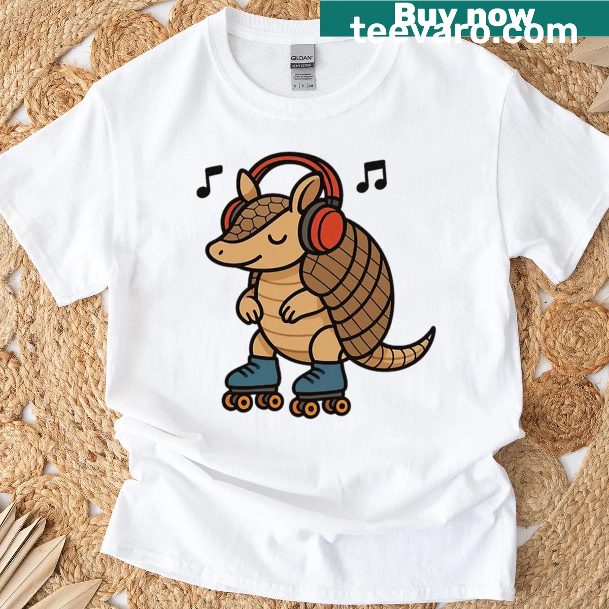 Cartoon armadillo roller skating with headphones t-shirt — on a men's t-shirt